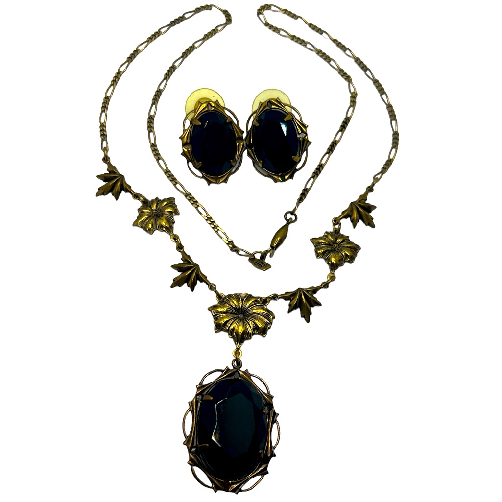 Sadie Green Victorian Style Brass Gold Black Stone Flower Necklace & Earrings